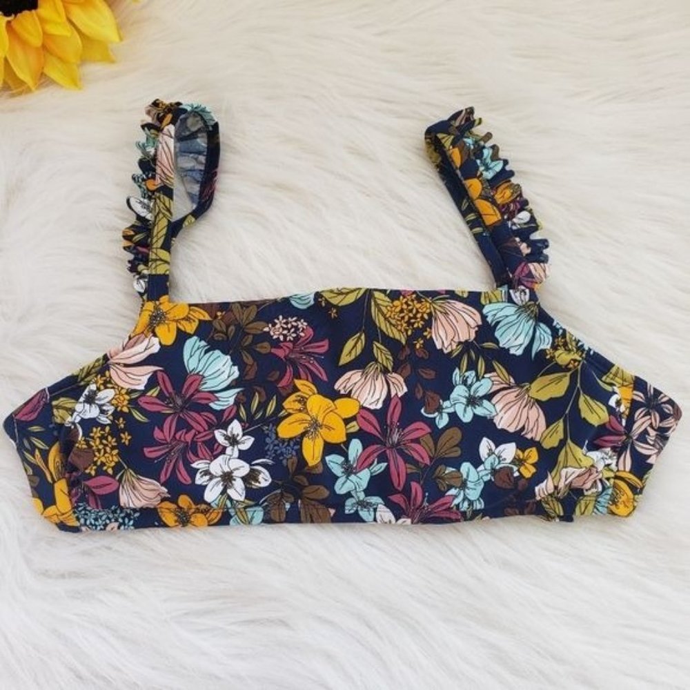 Beach Betty floral print‎ ruffle shoulders tie back bikini top woman's size med
